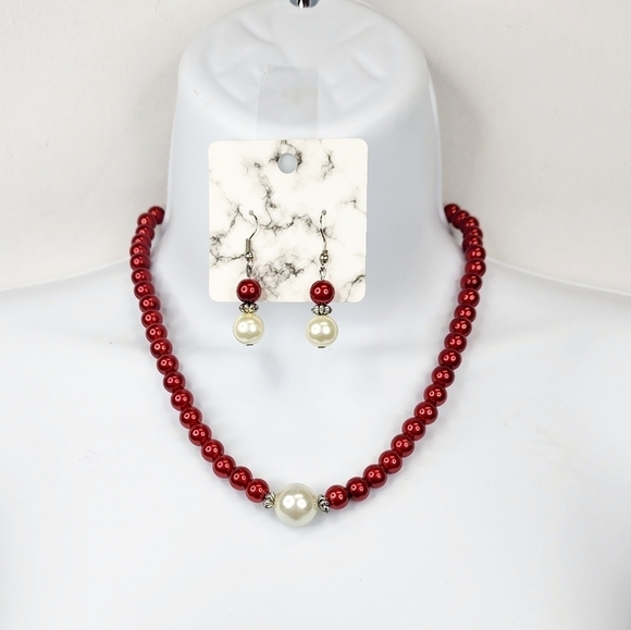Jewelry - Red & White Faux Pearl Necklace & Earring Set